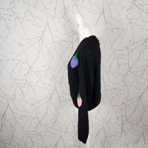 Dreamers Black Knit 3D Colorful Strawberries Boxy Fit Cardigan - Picture 3 of 6